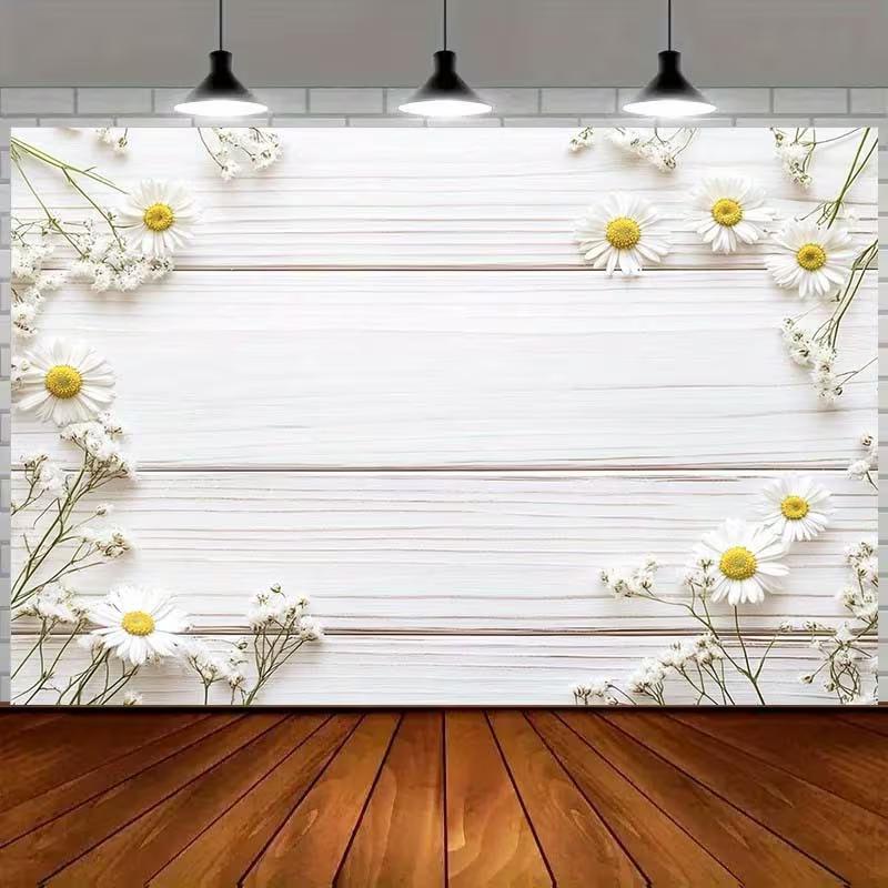 2D Daisy Wood Board Backdrop - White Floral Photography Background Banner