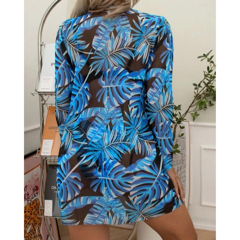 Dámská sada bikin s květinovým potiskem Sexy třídílná plážová pokrývka nahoru Push Up Léto s dlouhým rukávem Twist plavky