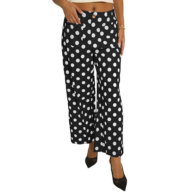 

Shi Ying Polka Dot High-Waisted Multi-Pocket Straight-Leg Trousers for Women - European American Slimming Casual Pants Small