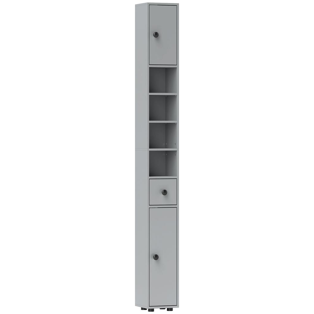 180cm Slim Bathroom Cabinet, with Drawer, Shelves and Cupboards - Grey