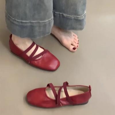 Versão em pele de ovelha~ Sapatos Mary Jane vermelhos com tiras cruzadas estilo francês sapatos rasos de salto baixo sapatos de bailarina femininos estilo fada para a noite