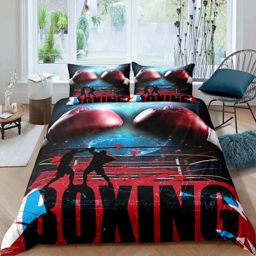 Adult Boxing Duvet Cover Set Queen,Sports Games Theme Bedding Sets Boxing Gloves Quilt Cover,Athlete Silhouette Comforter Cover