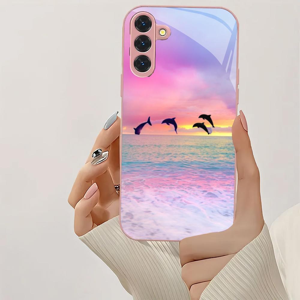 Beautiful Dolphin Metallic Glass Phone Case Suitable for Samsung GalaxyS26 S25 S24 S22 S21 S20FE/Ultra/Plus Anti Drop Rear Cover