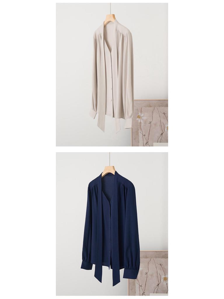 Rong Tai Women's Elegant French Ribbon Long Sleeve V-Neck Chic Shirt - Spring 2026 Collection