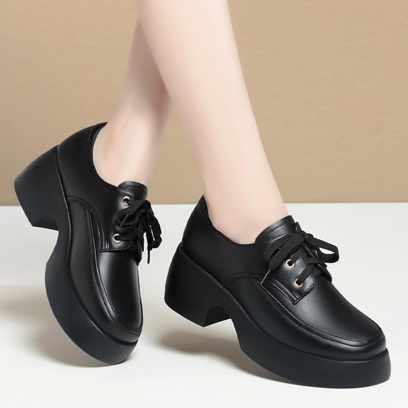 fashion 2024 Elegant Versatile Lace Up Comfortable Soft Leather Thick-Soled Woman New Retro Thick Sole High Heel Casual Single Shoes