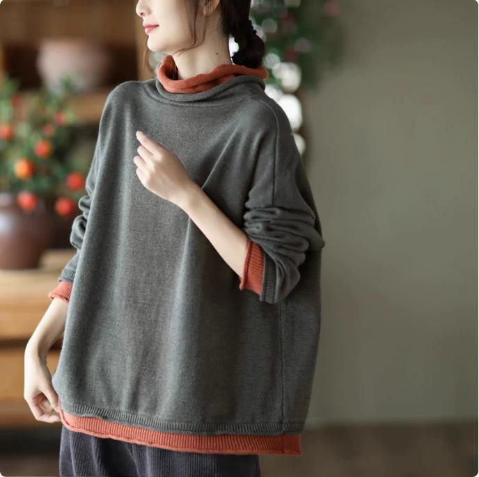 Plus Size Women's Autumn Winter Knitted Sweater Fake Two Piece Loose Turtleneck Pullovers Bottoming Shirt Casual Tops