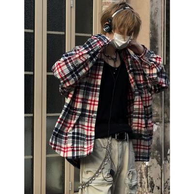 2024 Plaid Langarm Hemd Japanischen Hong Kong Stil Ins Lose Hemd Jungen Sommer Trendy Vielseitig Casual Mantel