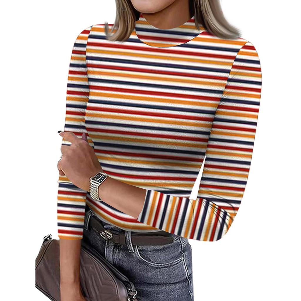 Women's Slim Bottom T-shirt Fashion Casual Stripe Printing Round Neck Pullover 3/4 Sleeve Top