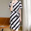 Waist-hugging Dress for Women's Summertime New V-neck Striped Light Luxury Mid-length Skirt To Make Them Look Slim and Age-reducing Silk Skirt