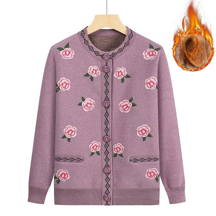 Mom Cardigan Top Female Grandma Round Neck Pattern Knitted Sweater Plus Velvet Thickened Autumn Clothes for Middle-aged and Elderly People