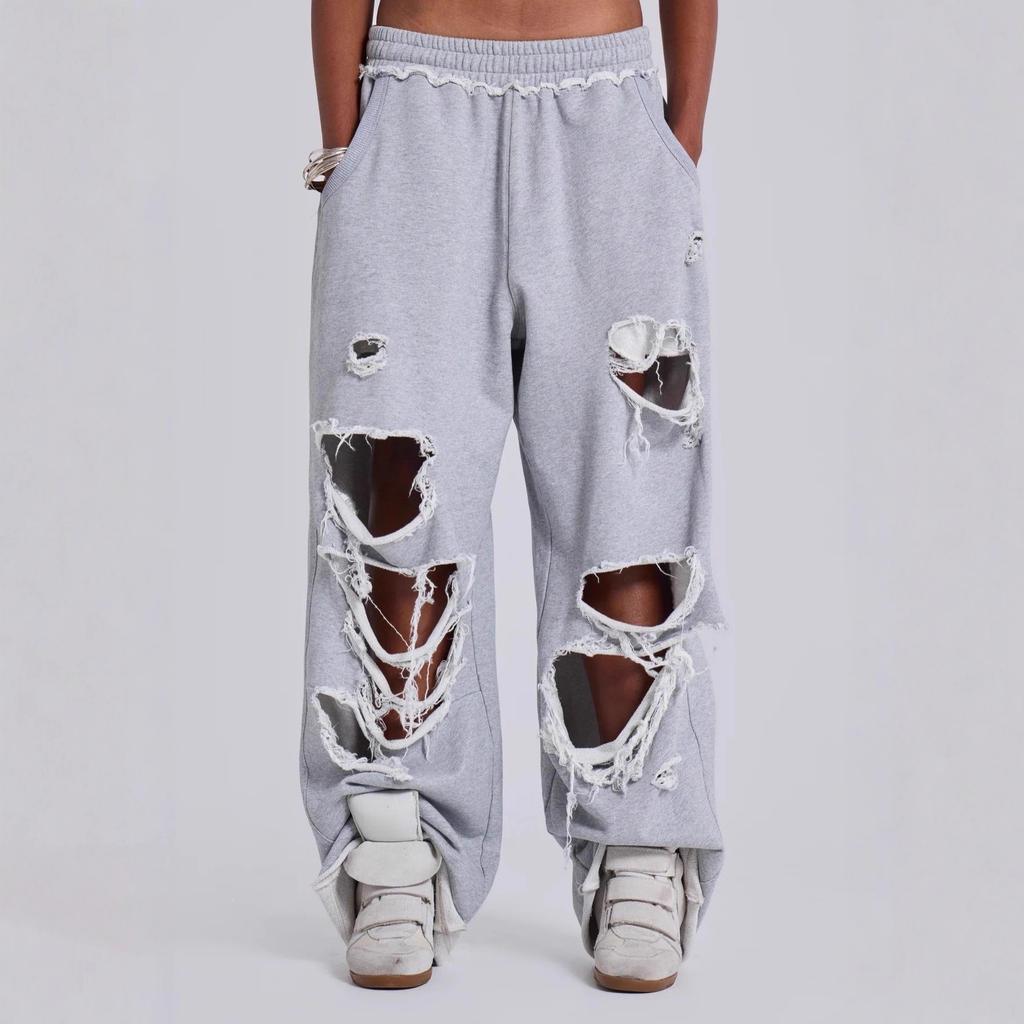 European And American Personalized Street Casual Pants High Street Hip Hop Ripped Design Wide Leg Pants Loose Sweatpants