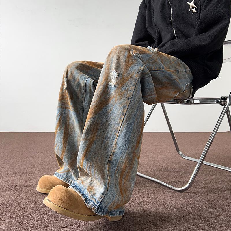 Мужские прямые джинсы JYL Светло-голубые Весенние Эластичная талия Американский High-Street Стиль Деним S бездна