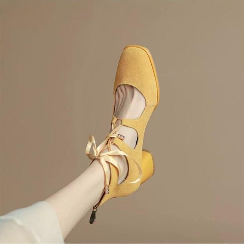 Chaussures à Talon Haut Rétro à Bride Simple pour Femmes Printemps et Automne Bout Carré à Lacets Talon Bloc Pas Fatigantes Chaussures Grande Taille