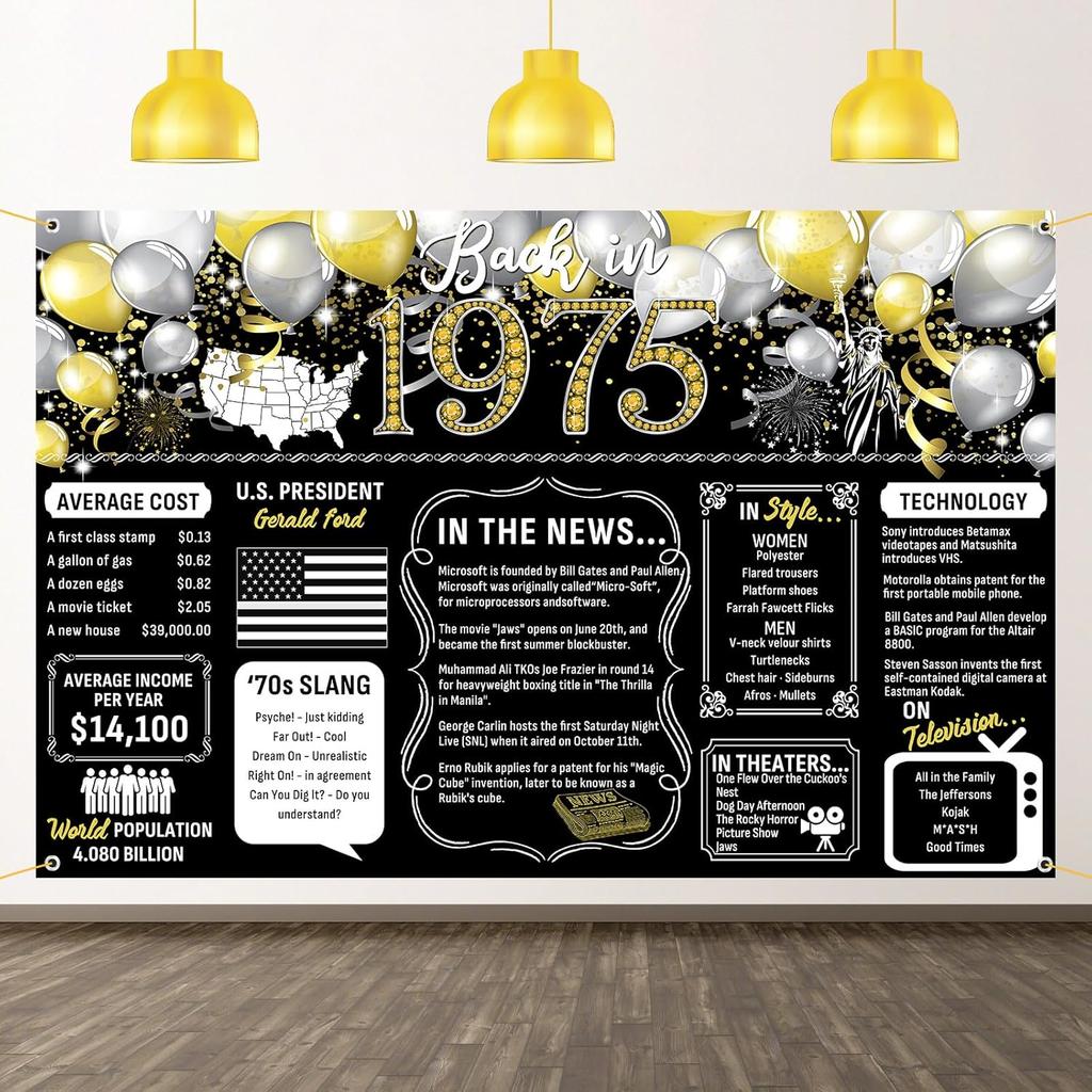 50th Birthday Black Gold Party Decoration Back In 1976 Backdrop Large Banner Birthday Party Poster Supplies Vintage 1976 Photography Background for