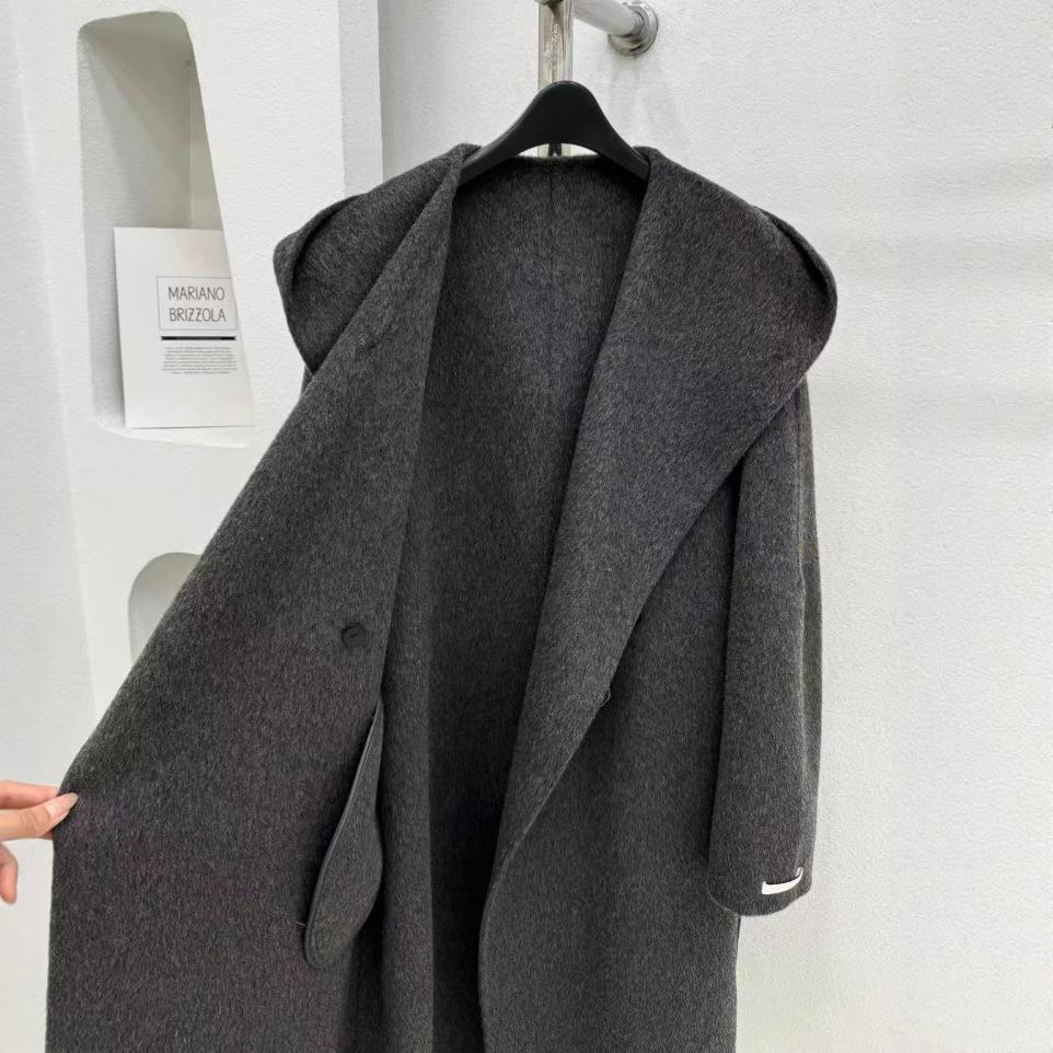 Hooded Lazy Loose Double-sided Wool Coat Lace-up Bathrobe Long Coat Autumn and Winter 25 New Women's Black and White Gray