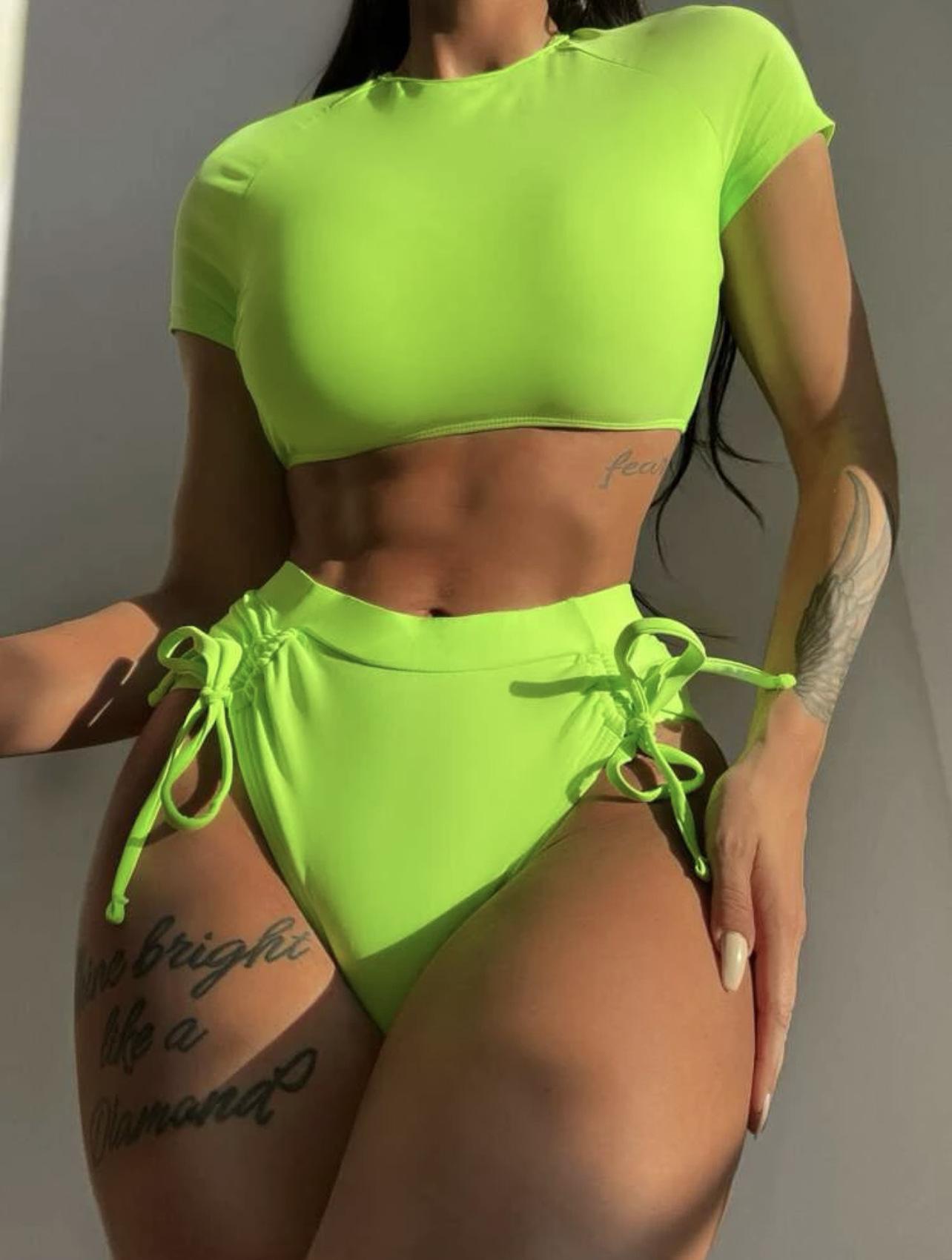 European and American drawstring straps high waist split swimsuit bikini bikini foreign trade S зелёный