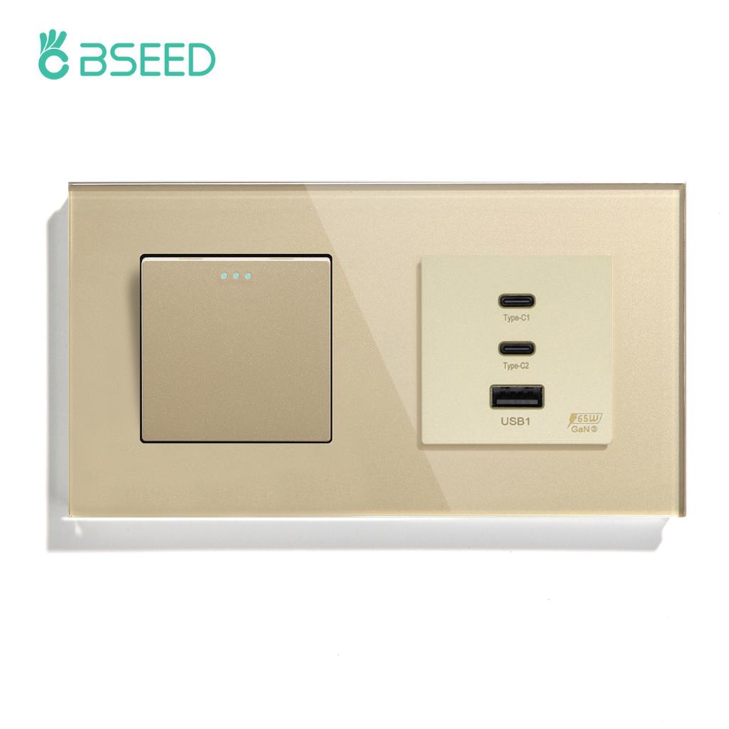 BSEED 1/2Gang Mechanical Light Switch 1Way With Fast Charging 65W USB C Socket Dual Typc-c Ports Glass Frame EU Standard