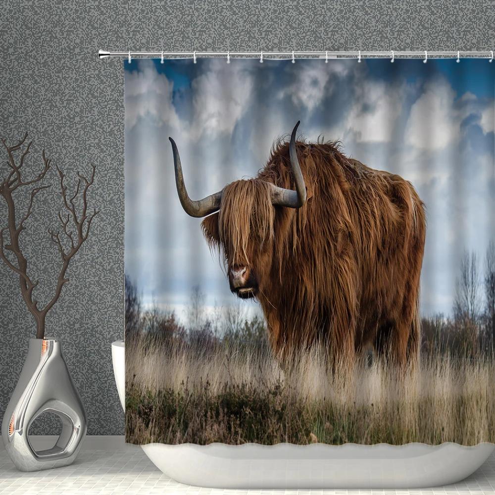 Animal Cow Shower Curtains Art 3D Printing Long Yak In The Grass Natural Scenery  Bath Curtain Polyester Cloth Bathroom Decor