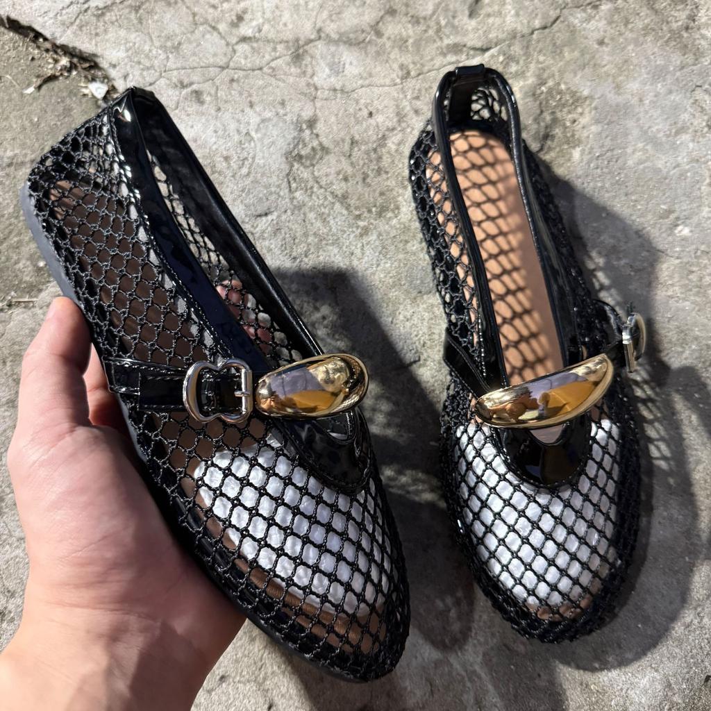 Summer Women's Fashion Metal Decor Belt Flat Soft Soled Shoes Ladies Mesh Breathable Casual Round Toe Flats Women Shoes