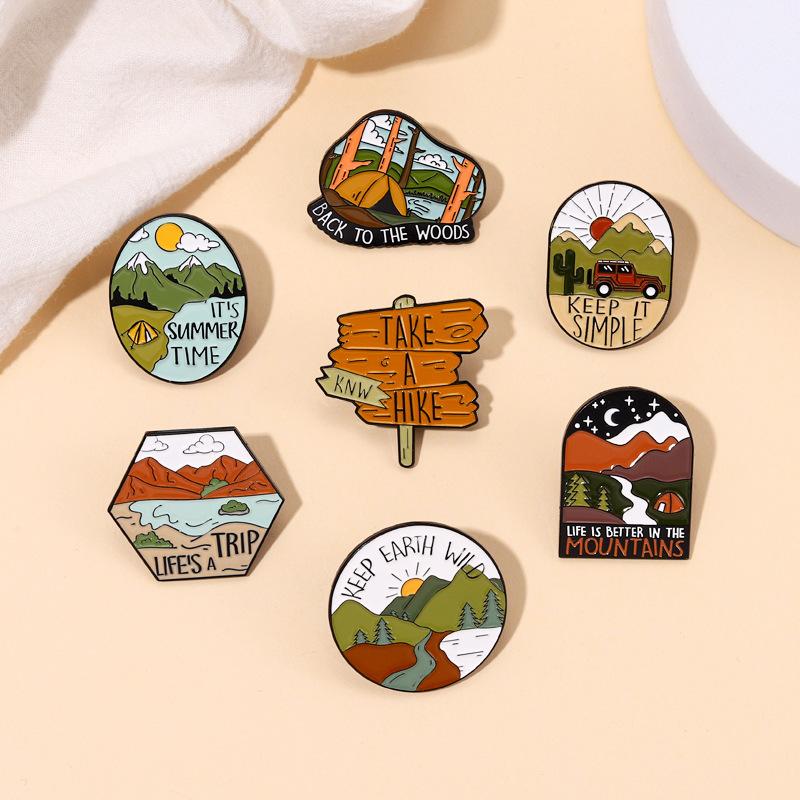 Camping Trip Travel Hiking Series Slogon Alloy Metal Design Badges Brooch Enamel Pins Label Bag Backpack Hat Jewelry Gift