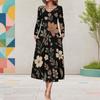 Women Plus Size Black Floral Printed Long Sleeve Round Neck A Line Midi Dress With Pockets