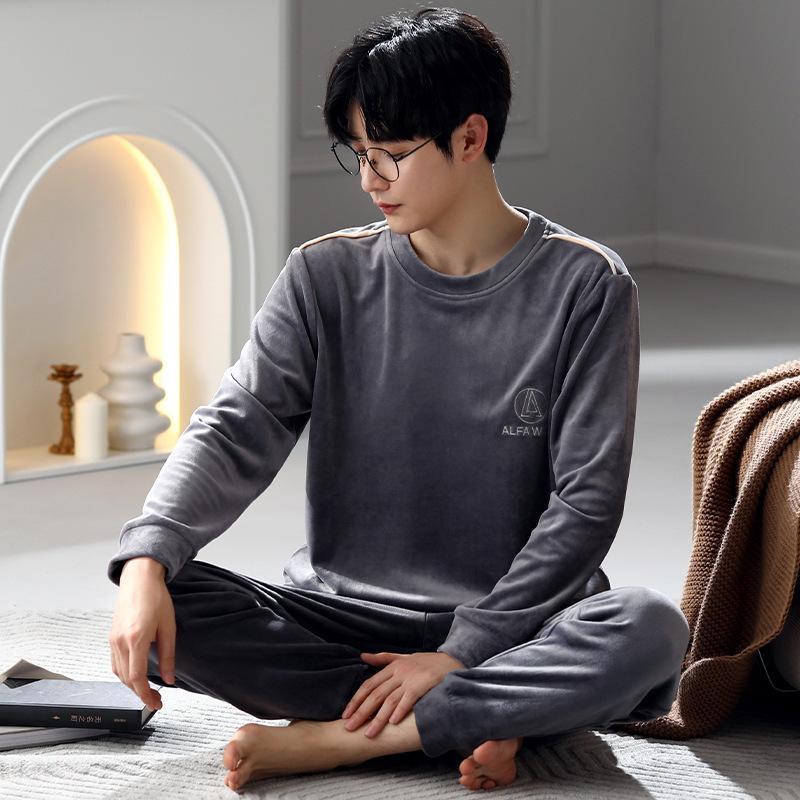 Pajamas Men'S Autumn And Winter Island Fleece Fleece Spring And Autumn Coral Fleece Thin Fleece Homewear Set