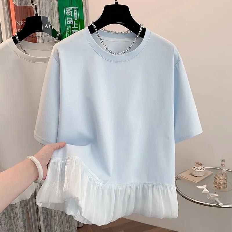 T-shirt Women Summer Stylish Design Large Size Loose Spliced Round Neck Pullover Short-sleeved Tops
