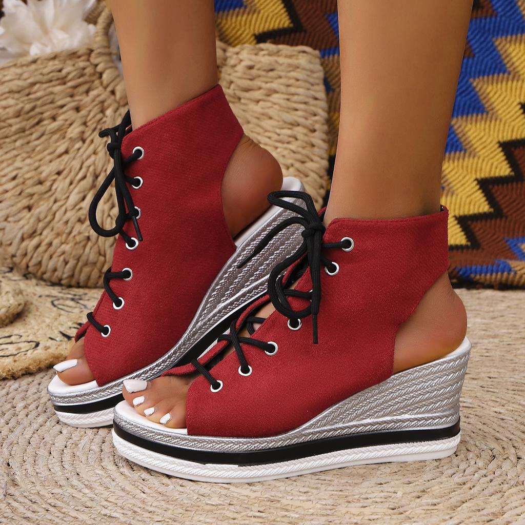 Fashion Casual Canvas Lace Up Peep Toe Sandals Women 2025 Summer Sexy Chunky Platform Wedge Heel Sandals Fashion High Heel Ankle Shoes