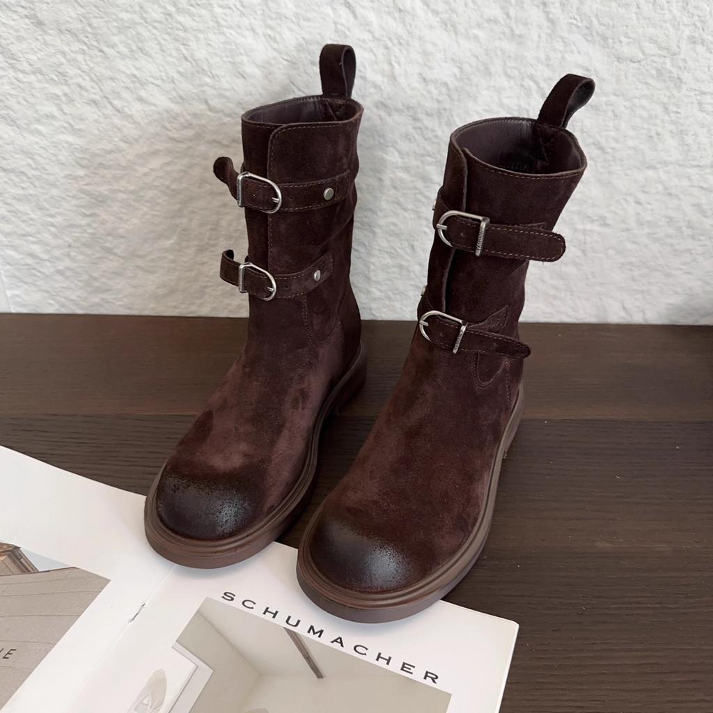 Sheepskin Version~ Retro Belt Buckle Wasteland Western Cowboy Boots Round Head Polished Short Boots Women's Thick-soled Knight Boots