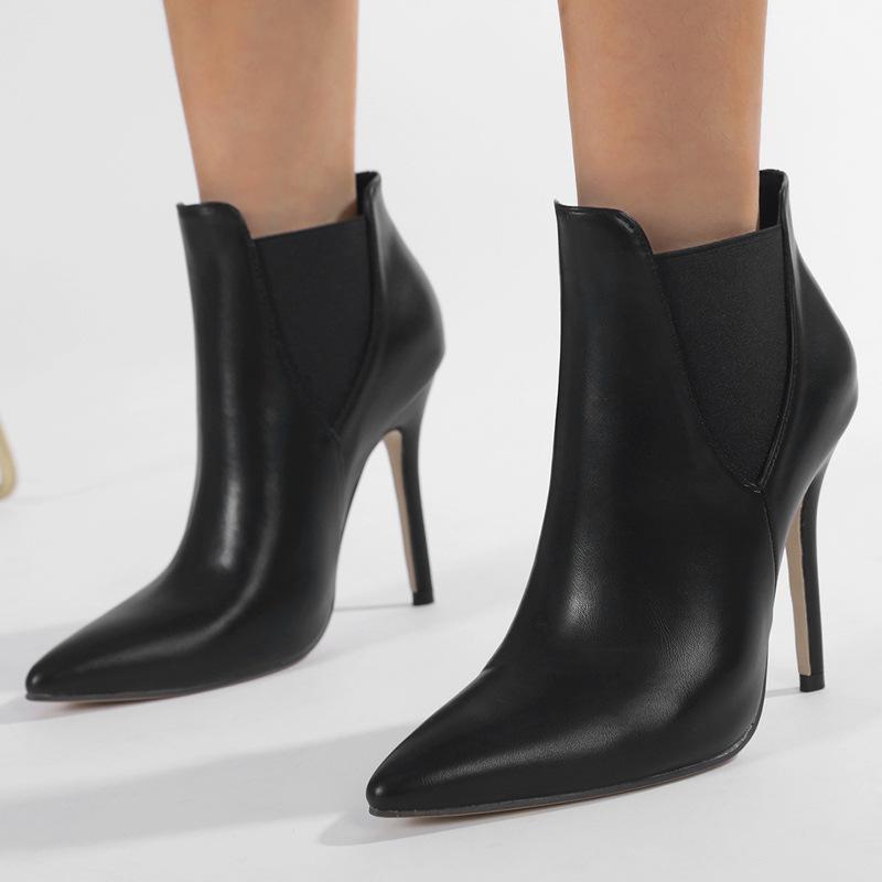 Short Boots Women's Autumn and Winter New Pointed Temperament Fashionable Elastic Belt Large Size Thin Heel Thin Boots High Heel Boots