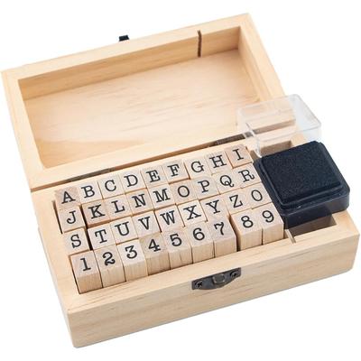 A96I-Alphabet Letter Number 36 Pcs Small Wooden Rubber Stamps In A Wooden Box For Card Making Multipurpose Wood Stamp