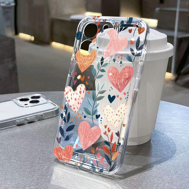 Heart Doodle Floral Art Phone Case for iPhone 17 16 15 14 13 12 11 Series Pro Max Plus Double Layer Protection