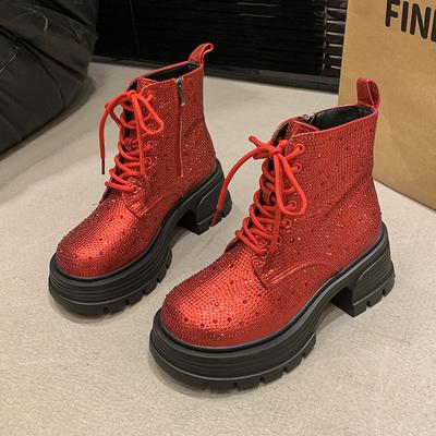 Mode Herbst Neue Plateau Einzelstiefel Damenmode Runde Spitze Strass vorne Schnürung Seitlicher Reißverschluss Bequeme Kurze Stiefel