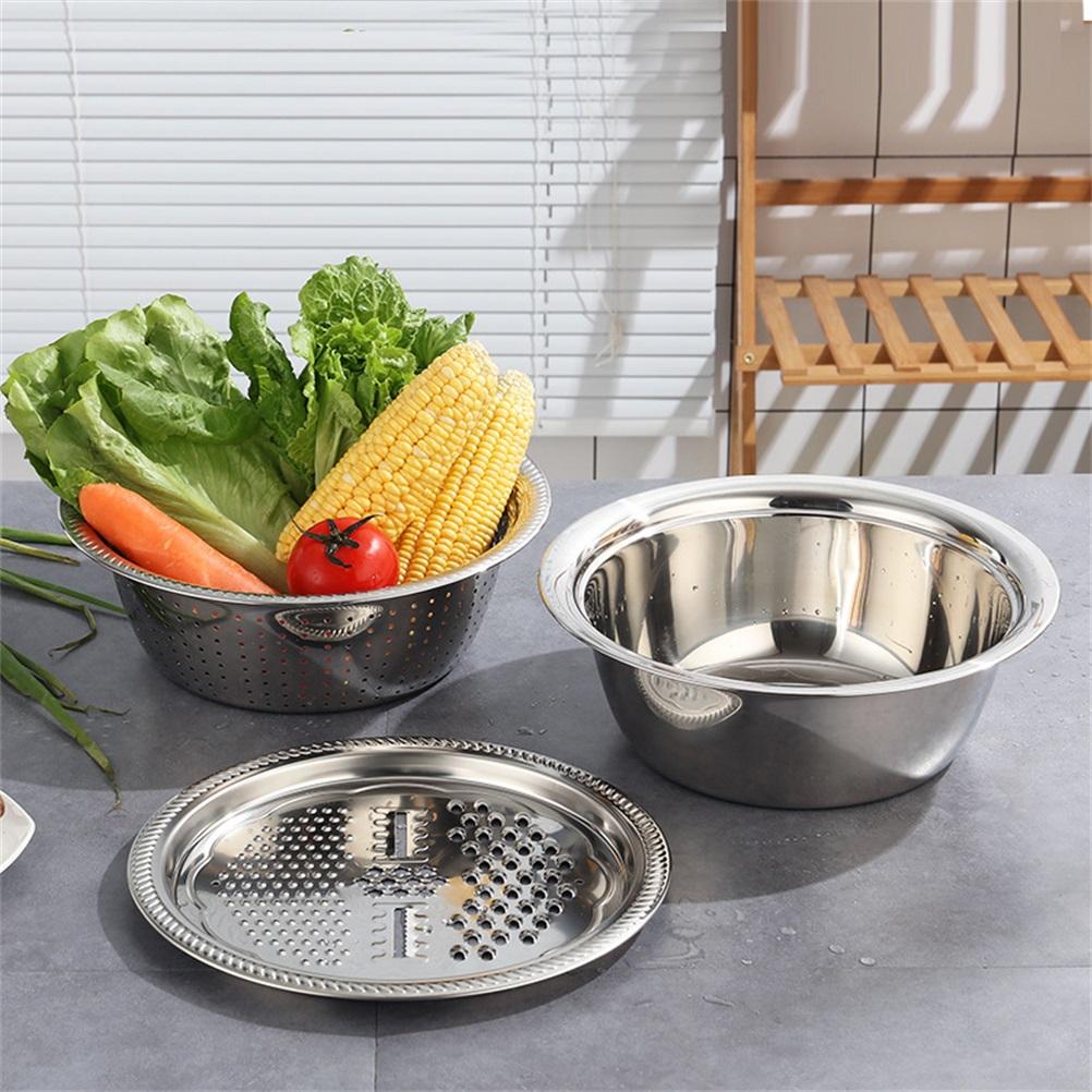 3pcs Multifunctional Stainless Steel Basin Set Fruit Vegetable Bracket Drain Basin Grater Basin Kitchen Tools
