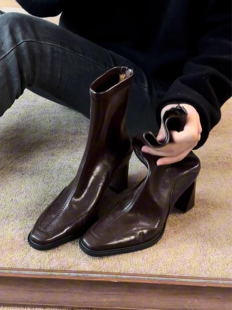 Cowhide Short Boots 2026 Autumn/Winter Square Head Thick Heel Elastic Boots Elegant Versatile Short Boots
