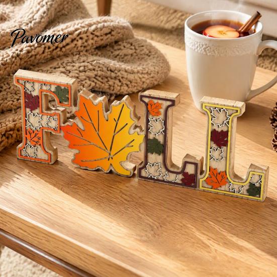 Solid Wood Harvest Theme Signs 4Pcs/Set Fall Wooden Tabletop Signs, Autumn Maple Leaf Letter Decorations for Table Tiered Tray Fireplace Dining