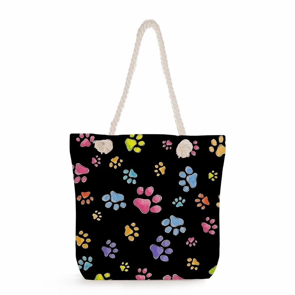 Multifunctional Dog Paws Printed Thick Rope Shoulder Beach Bag Casual Large Capacity Handbag 7601