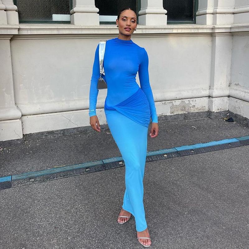 Women's Fall Temperament Long Sleeve Twisted Shrink Pleated Gradient Slim High Waist Long Dress