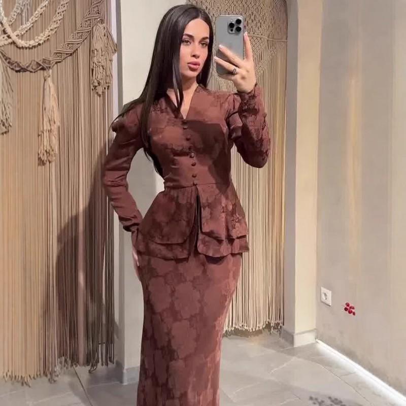 Womens Vintage Elegant Long Sleeve Wrap-Style Maxi Dress With Floral Print Cotton Blend V-Neck
