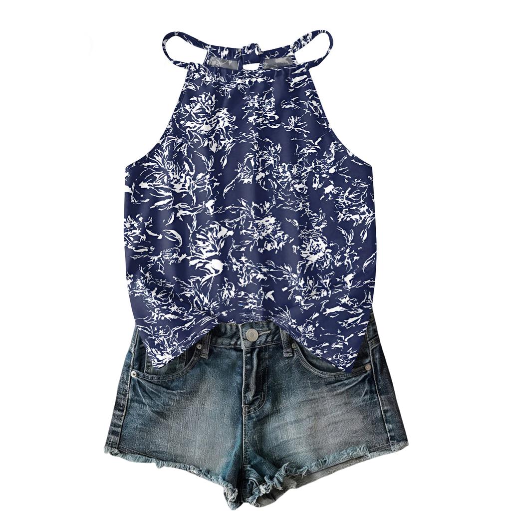 Women Sleeveless Bohemian Floral Print Tank Top Loose Fit Neck Blouse Casual Summer Lightweight Camisole Shirt
