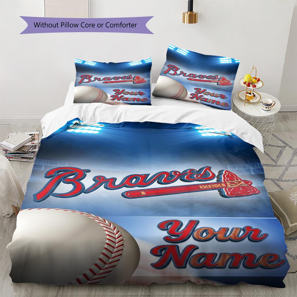 Name Custom Atlanta Braves Pattern Bedding Set Quilt Cover Pillowcase Home Decor Gift (1 * Duvet Cover + 2 * Pillowcase, Without Core)