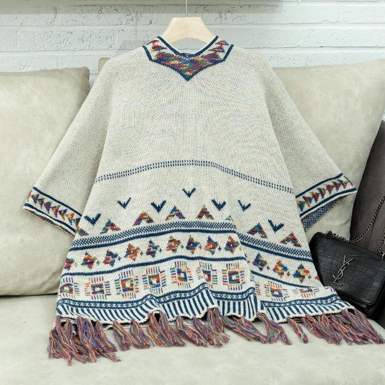 Fashion Women V-Neck Loose Knitwear Sweater Bat Sleeve Cardigan Autumn Winter Print Cloak Cross Border