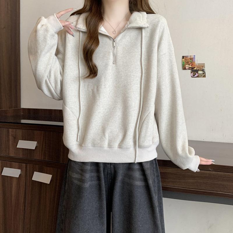 Women Solid Color Loose Half Zip Stand Collar Cropped Thin Casual Sweatshirt