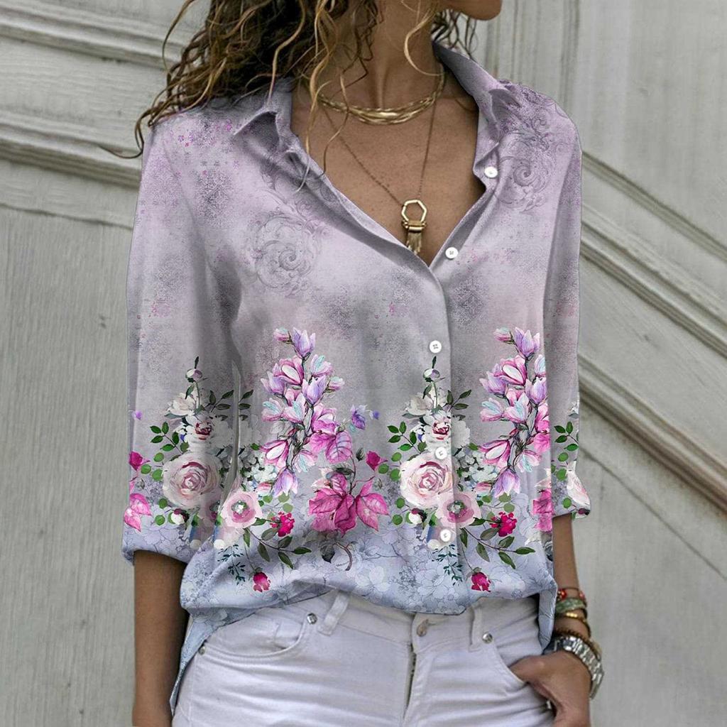Women's Fashion Casual Printed Button Lapel Long Sleeved Shirt Top Blouse
