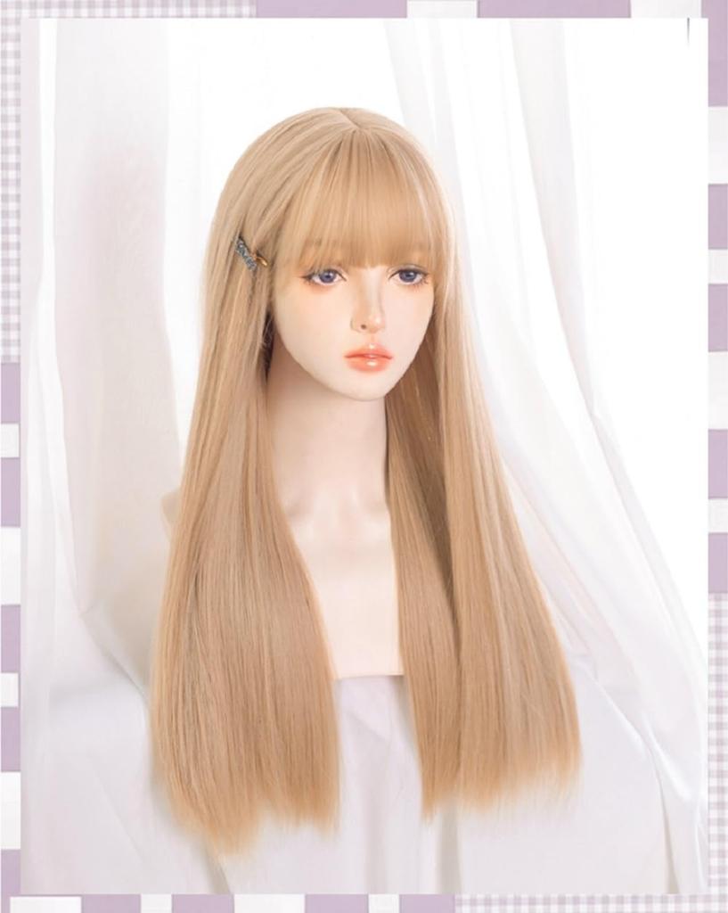 Akixen Wig Long Straight Gold Wig White Gold Harajuku Style Small Face Heat Resistant Cosplay Hair Net Fashion Event Halloween Disguise Costume