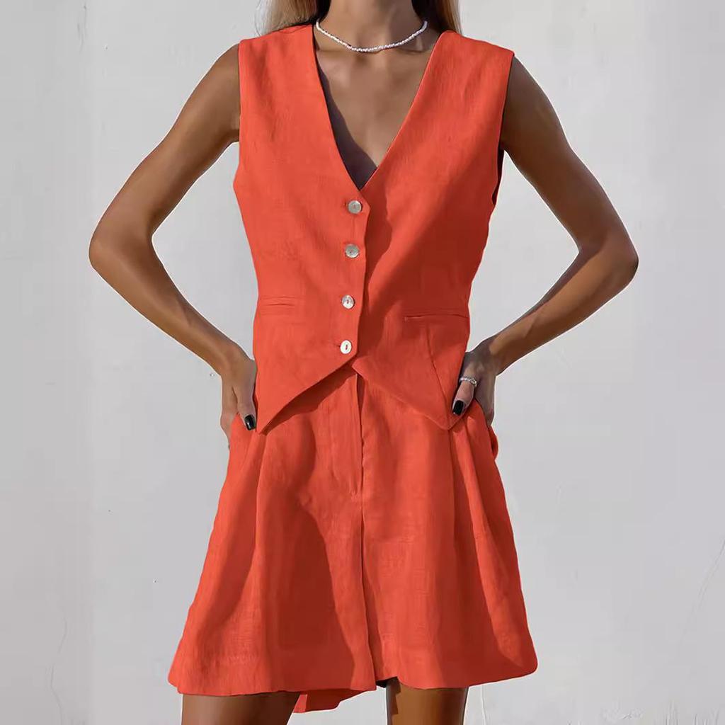 European & American Design Cotton Linen Suit: Women's Summer Casual Sleeveless Vest & Shorts Set