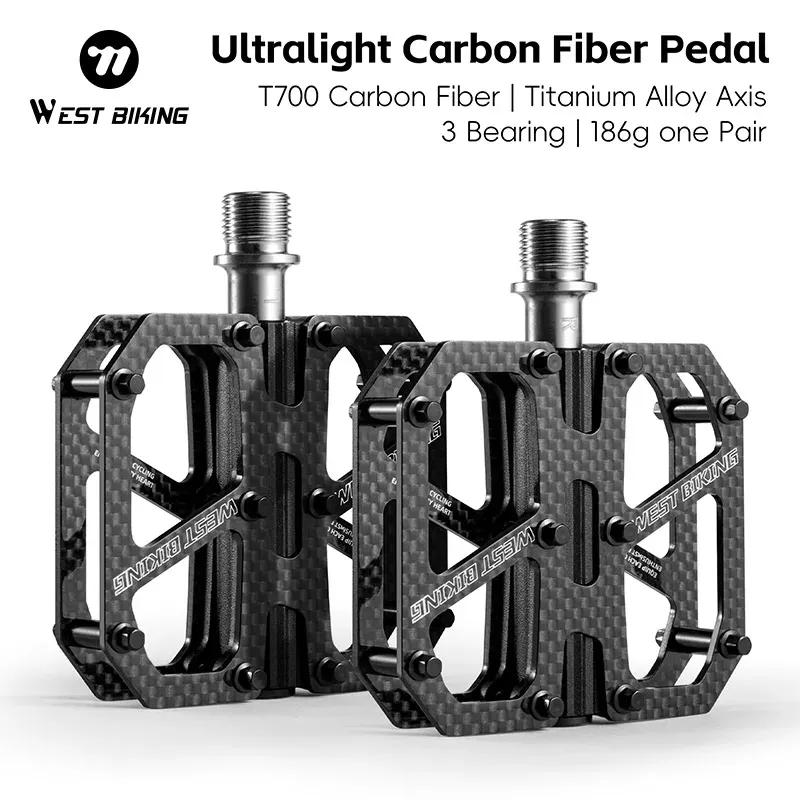 WEST BIKING Carbon Fiber Bicycle Pedals T700 Ultralight Titanium Axle 3 Bearings 2-sided Non-skid Stud MTB Road Bike Accessories