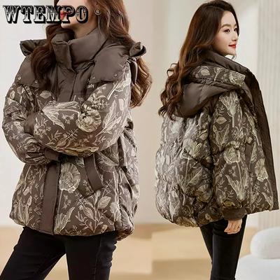 Large Size Zipper Down Jackets Women's Winter Short Printed Hooded Padded Jackets Casual Loose Thick Coats with Pockets