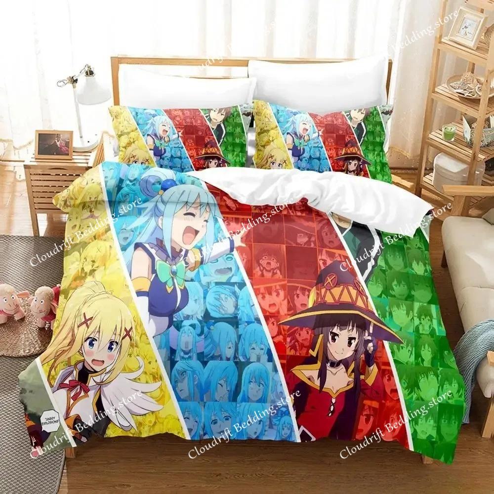 Kawaii KonoSuba Set da letto Cartone Animato Anime set da tre pezzi Adulto Bambino Camera da letto Set Copripiumino 3D Kawaii Ragazze set da letto king size