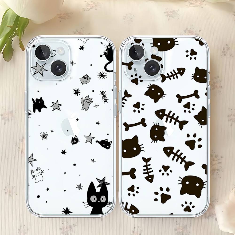 B-Black Cat Phone Case For Iphone17 16 15 11 13 14 Pro Max 7 8 Plus X Xr Xs Max Se2020 12mini Transparent Cov